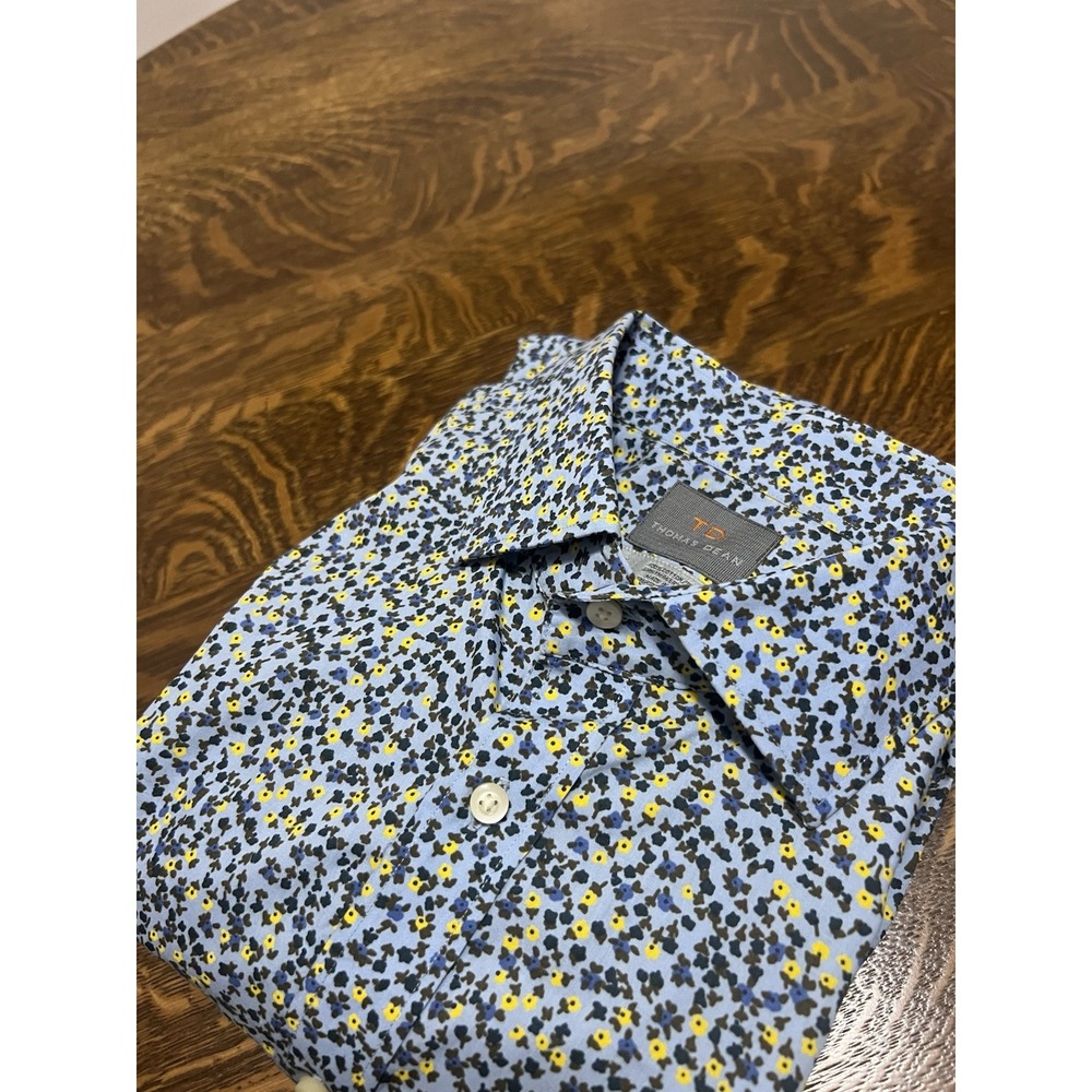 Thomas Dean Mens XL Blue Yellow Floral Cotton Long Sleeve Button Shirt